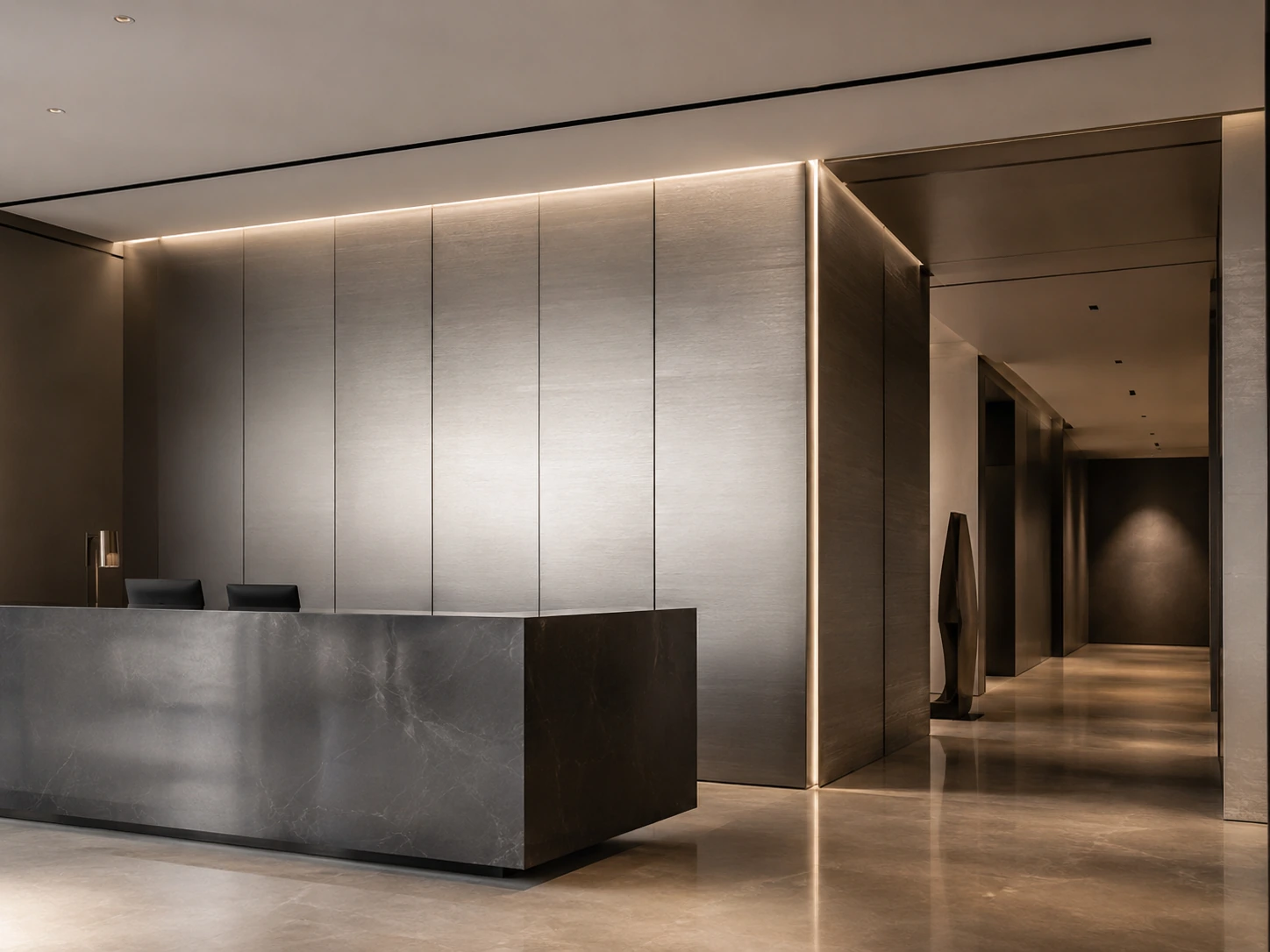 Metallic & Brushed — Commercial interior with coated aluminium surfaces
