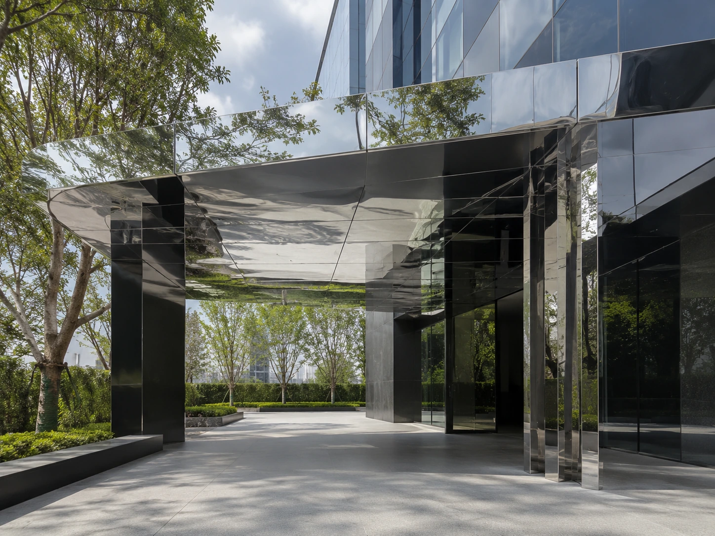 Daylight reflected by a mirrored architectural entrance