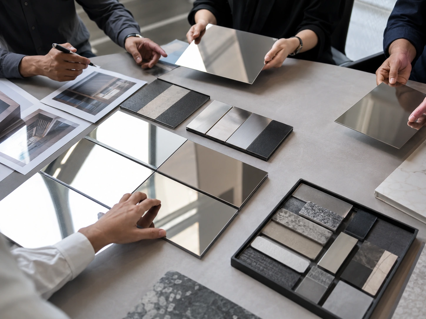 Architects comparing Mirror Metal Aluminium material samples