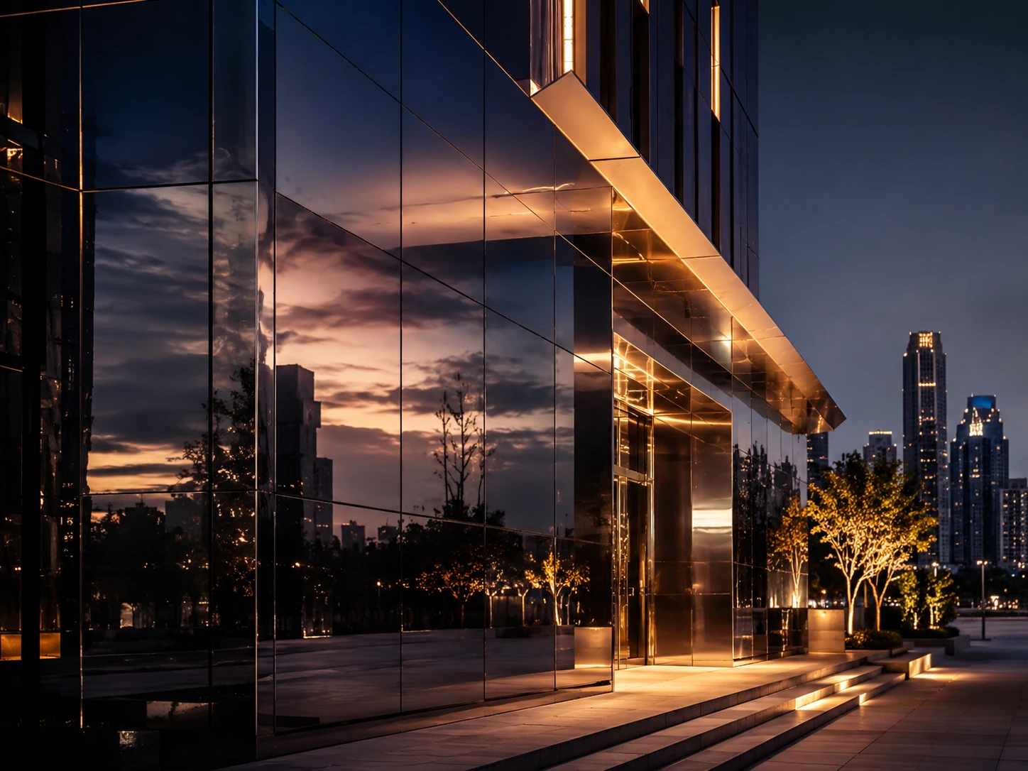 Night lighting reflected across a mirrored building facade