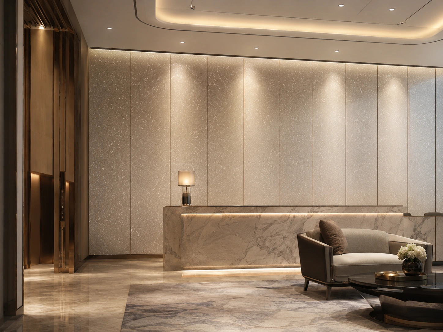 Pearlescent & Colour — Commercial interior with coated aluminium surfaces
