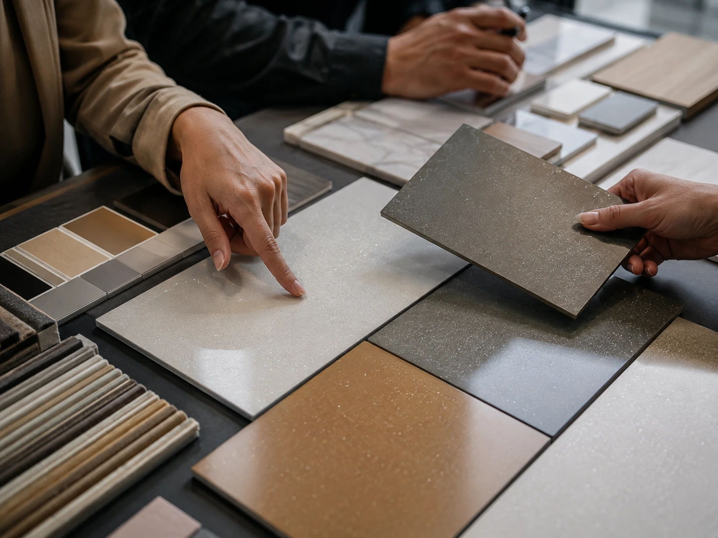 Design team reviewing Starry Pearlescent Aluminium samples