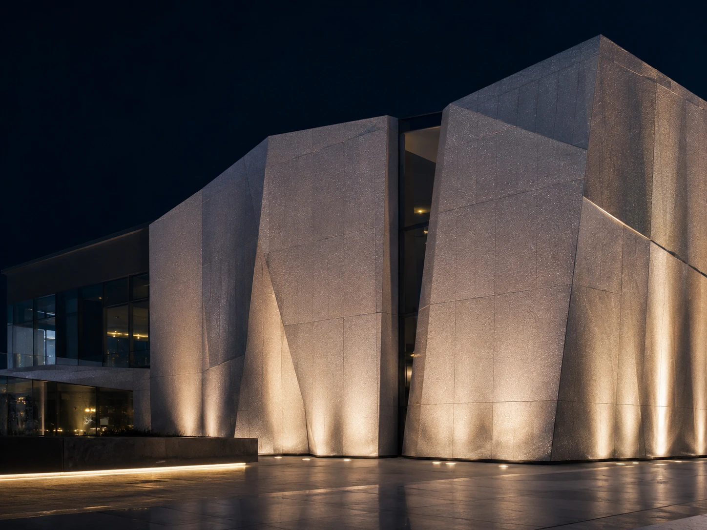 Starry pearlescent facade under night lighting