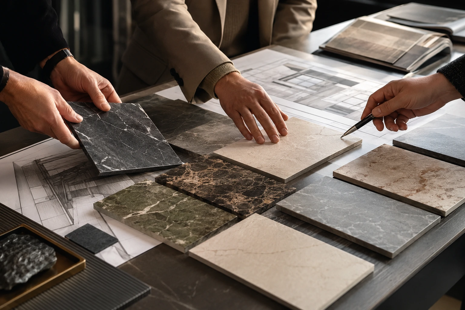 Architectural team comparing stone-look aluminium samples