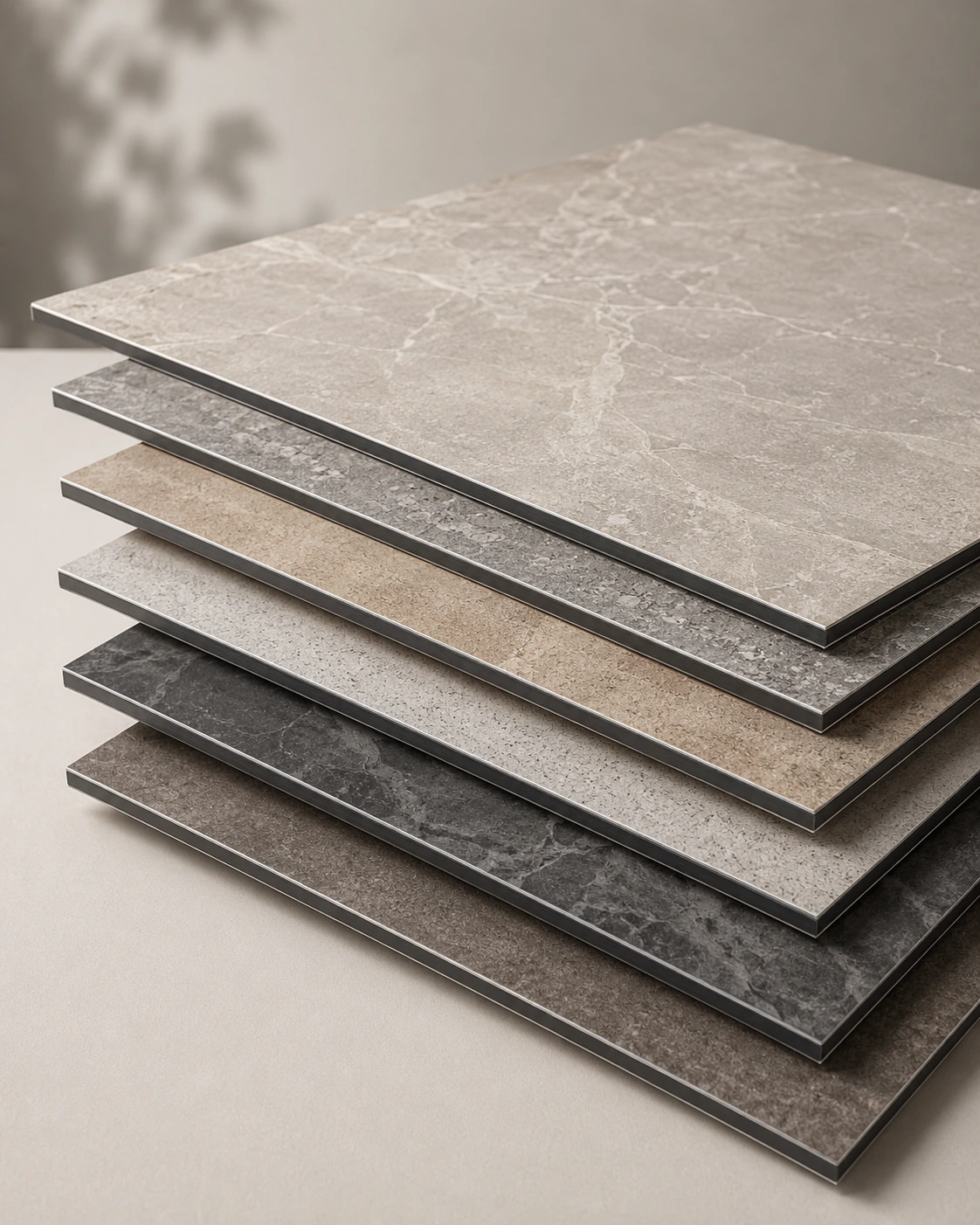 Stacked thin stone-look aluminium panels