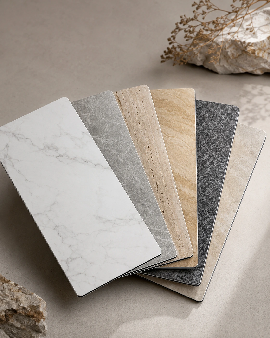Collection of stone-look aluminium samples