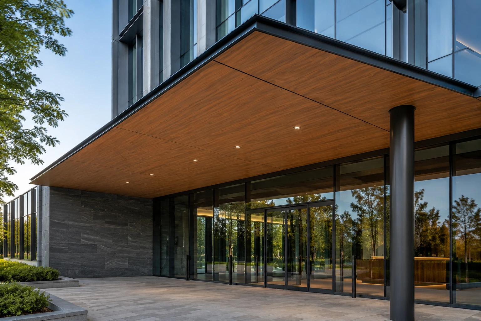 Wood-grain entrance canopy