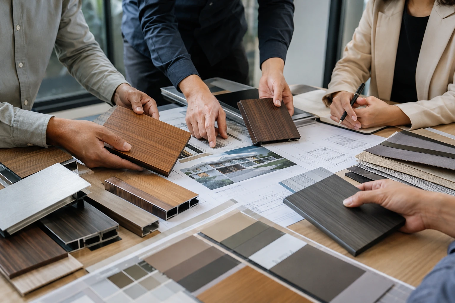 Design team reviewing wood-grain aluminium samples