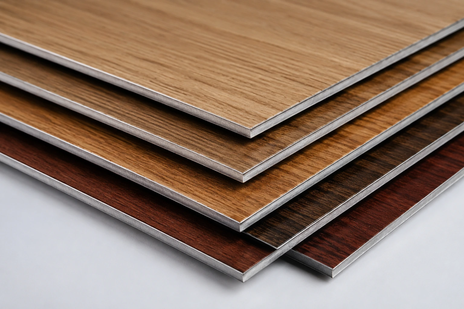 Stacked wood-grain aluminium panels showing metal edges
