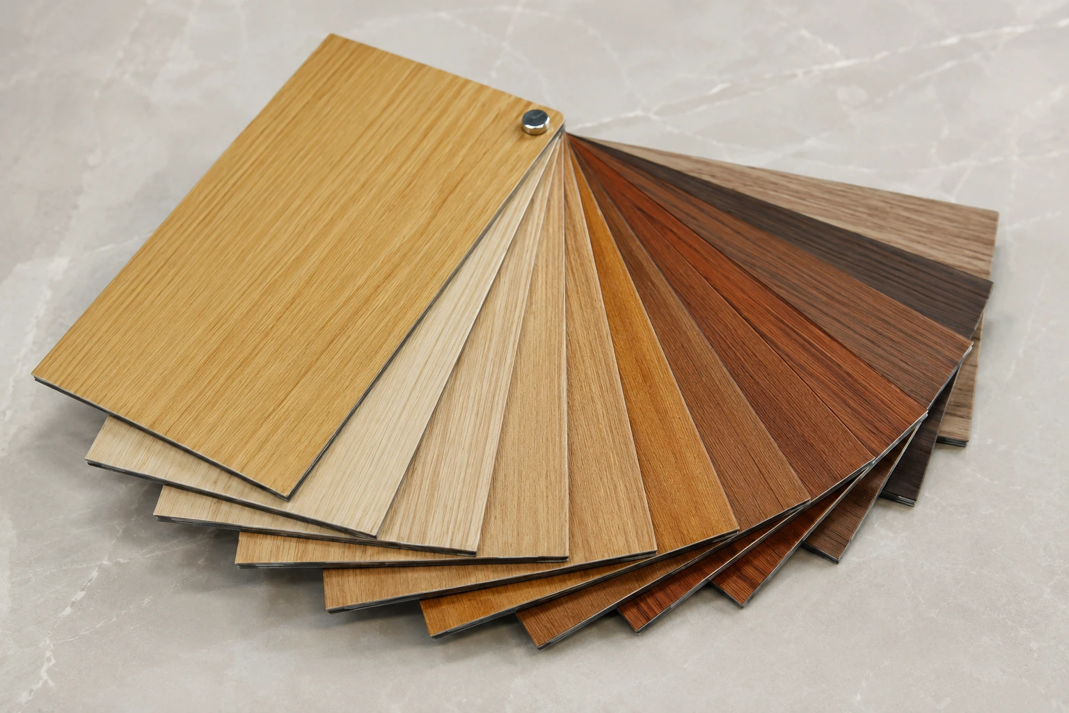 Fan collection of wood-grain aluminium colour samples